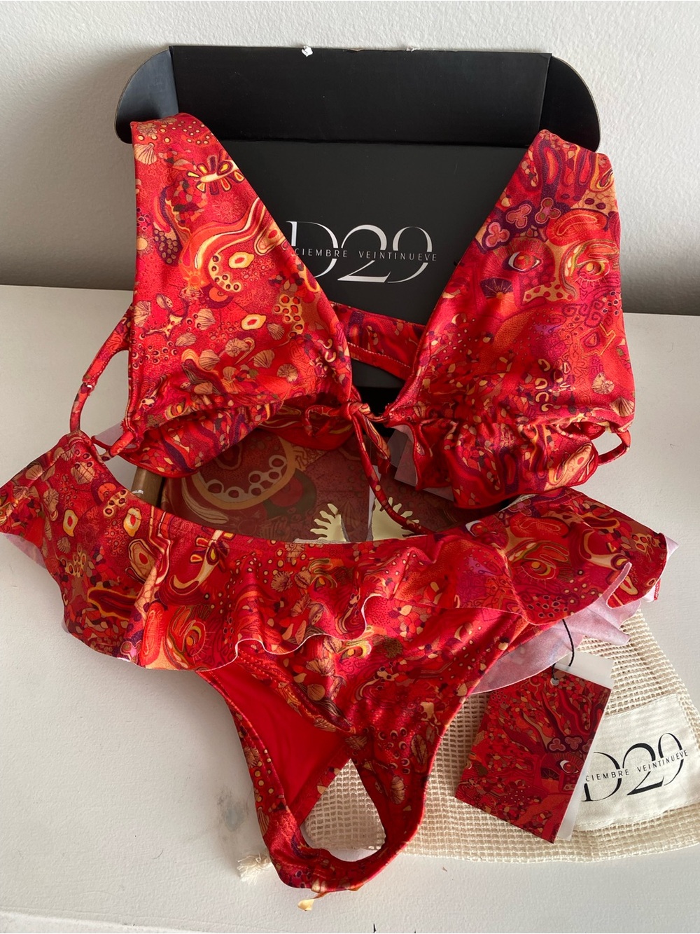 NWT Diciembre Veintinueve Red Printed Ruffle Bikini Top and Bottom Set